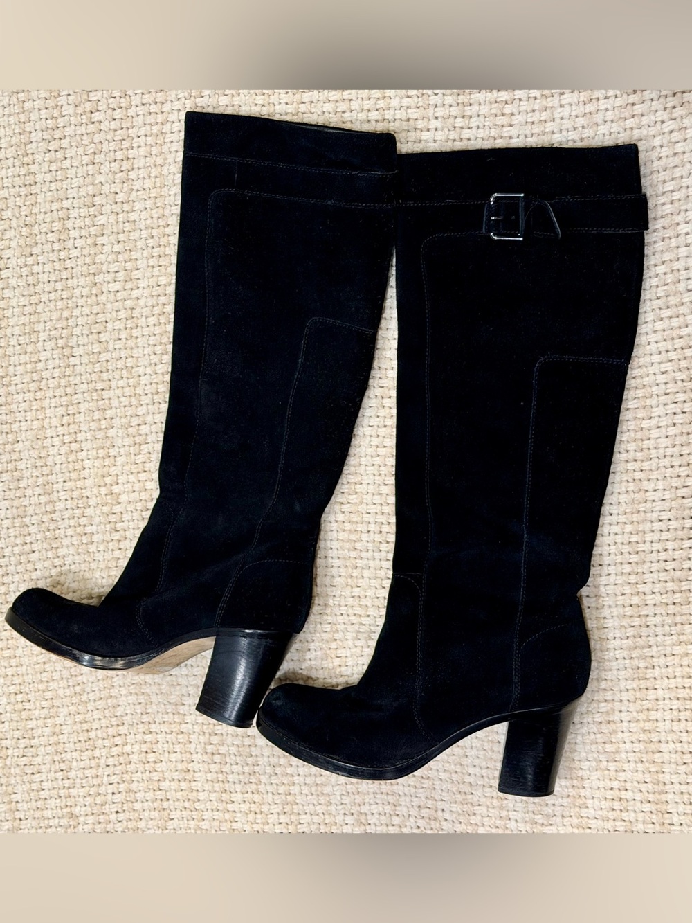 Via Spiga Suade knee High Boots 8M black Italian Leather Block Heel Buckle
